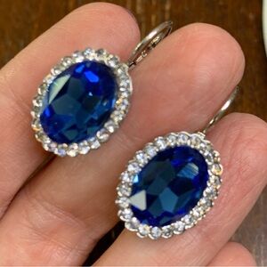 Elegant Blue and White Crystal  Silver Oval Halo Earrings